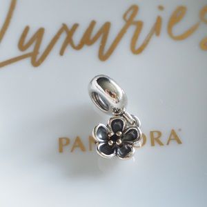 Pandora black flower 14K gold and black crystal dangle